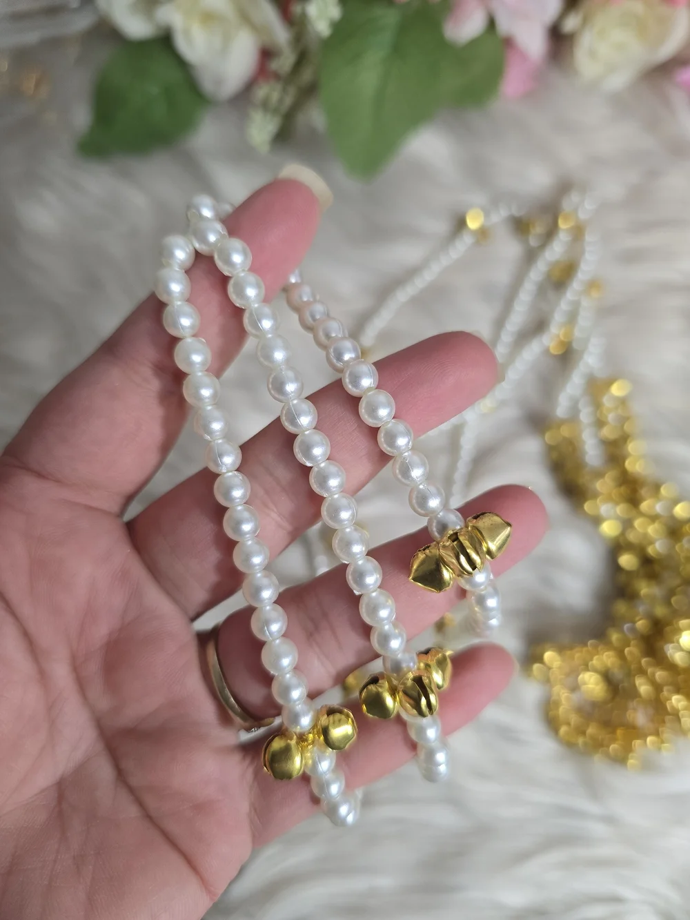 Gold & White Faux Pearl Kashmiri Paranda